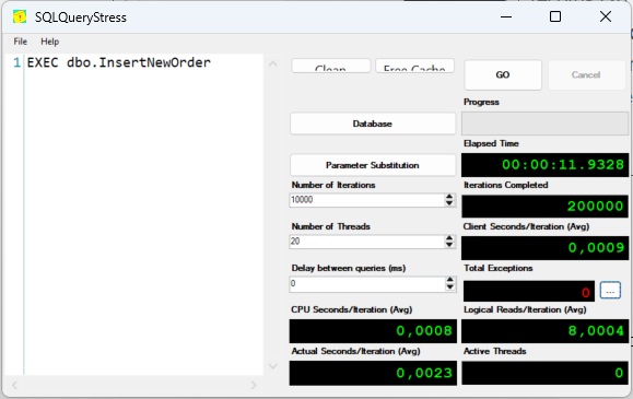 This picture shows the execution time of app. 11 seconds with an average execution time of 0,9 ms for each interation.