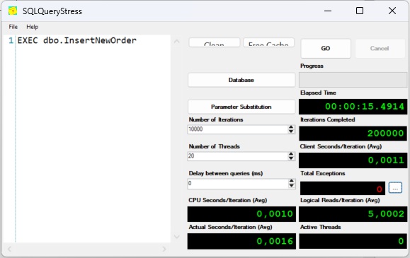 This picture shows the execution time of app. 15 seconds with an average execution time of 1 ms for each interation.