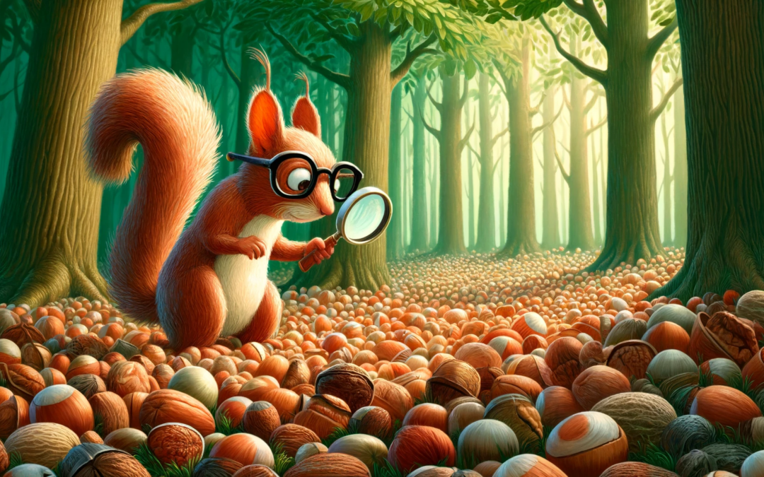 a squirrel wearing glasses in a forest, diligently searching for a specific nut among a chaotic scatter of thousands