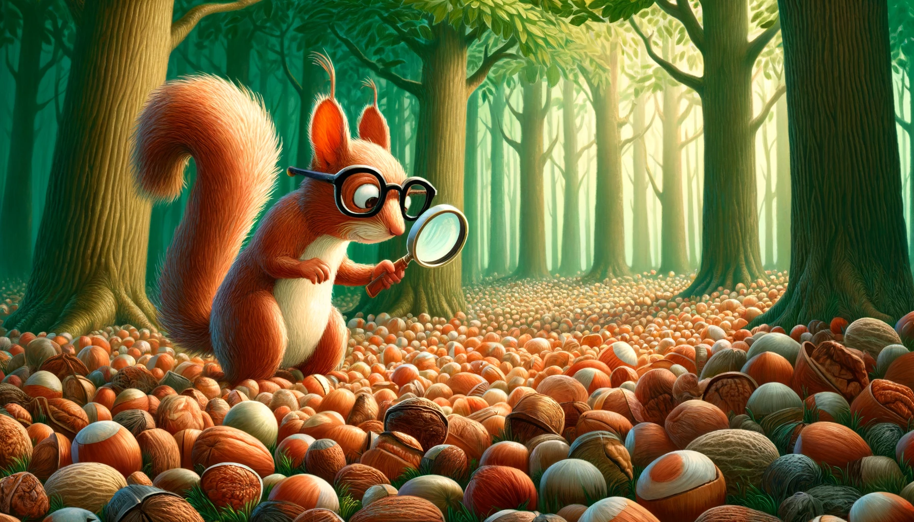 a squirrel wearing glasses in a forest, diligently searching for a specific nut among a chaotic scatter of thousands